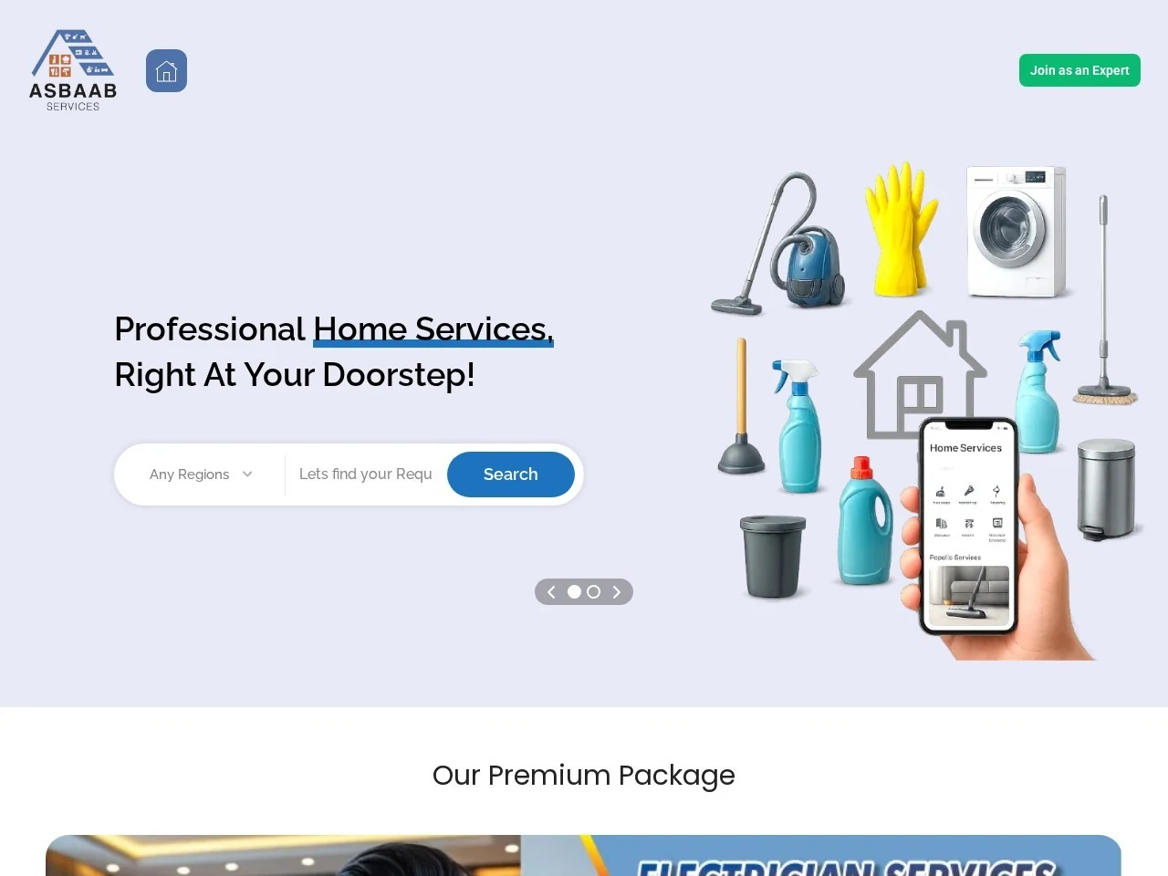Asbaab Services live website homepage