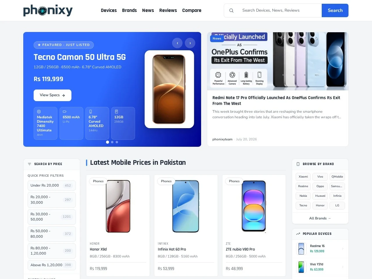 Phonixy live website homepage
