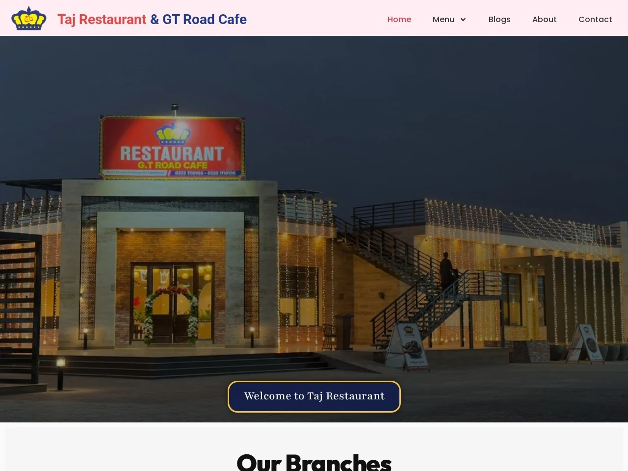 Taj Restaurant live website homepage